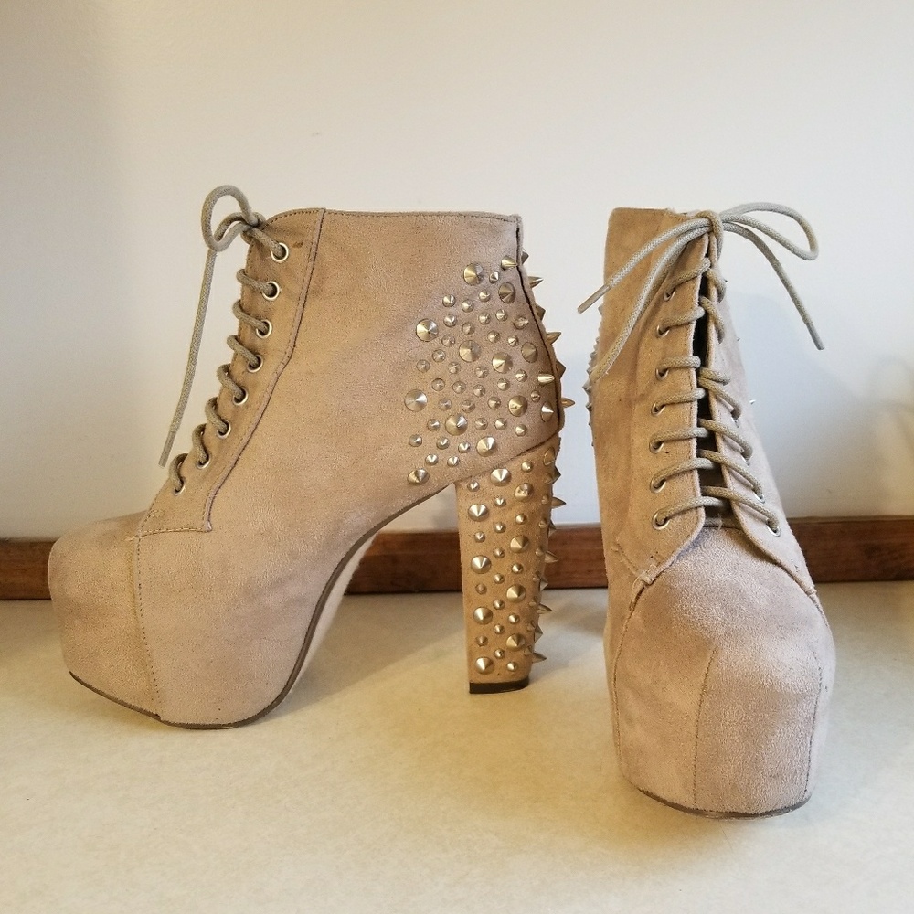 Beige Suede Spiked Heels